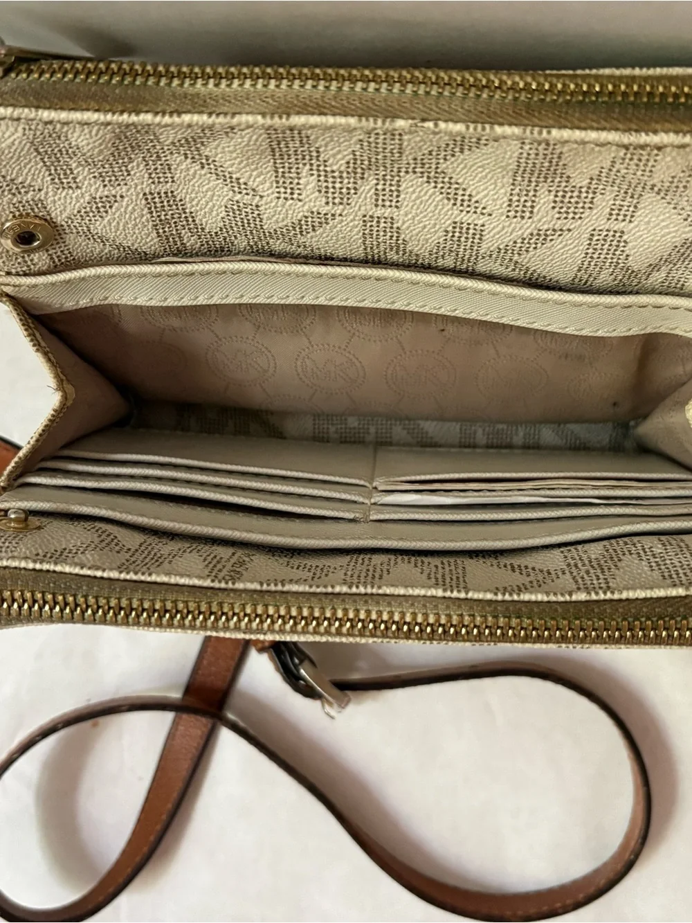 Michael Kors Beige & Brown Leather MK Crossbody purse